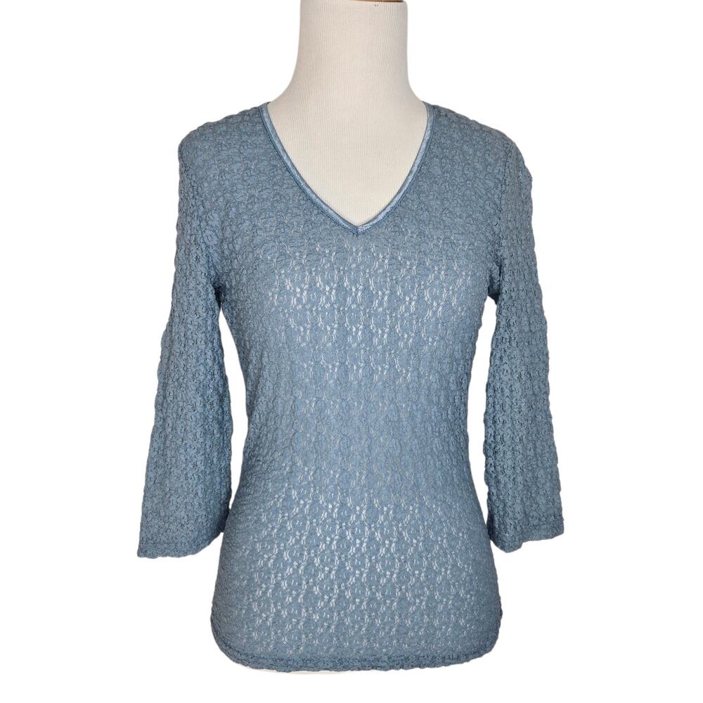 Mesh Fairy Women Knit Shirt Y2K Style Gauzy Blue Stretchy Floral Blue XS